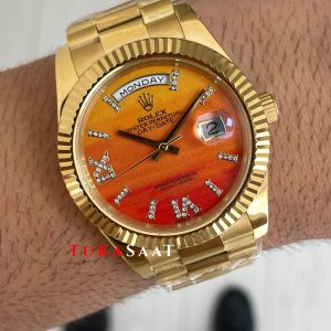 Rolex Day Date Turuncu 128238 Orange Carnelian Diamond Roman Dial Gold 40mm Replika Saat