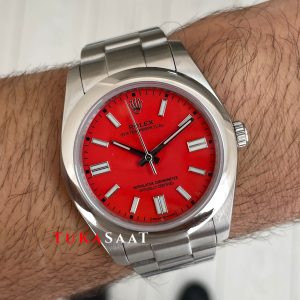 Rolex Oyster Perpetual Red Coral 124300 Mercan Kırmızı Kadran 41mm Replika Saat