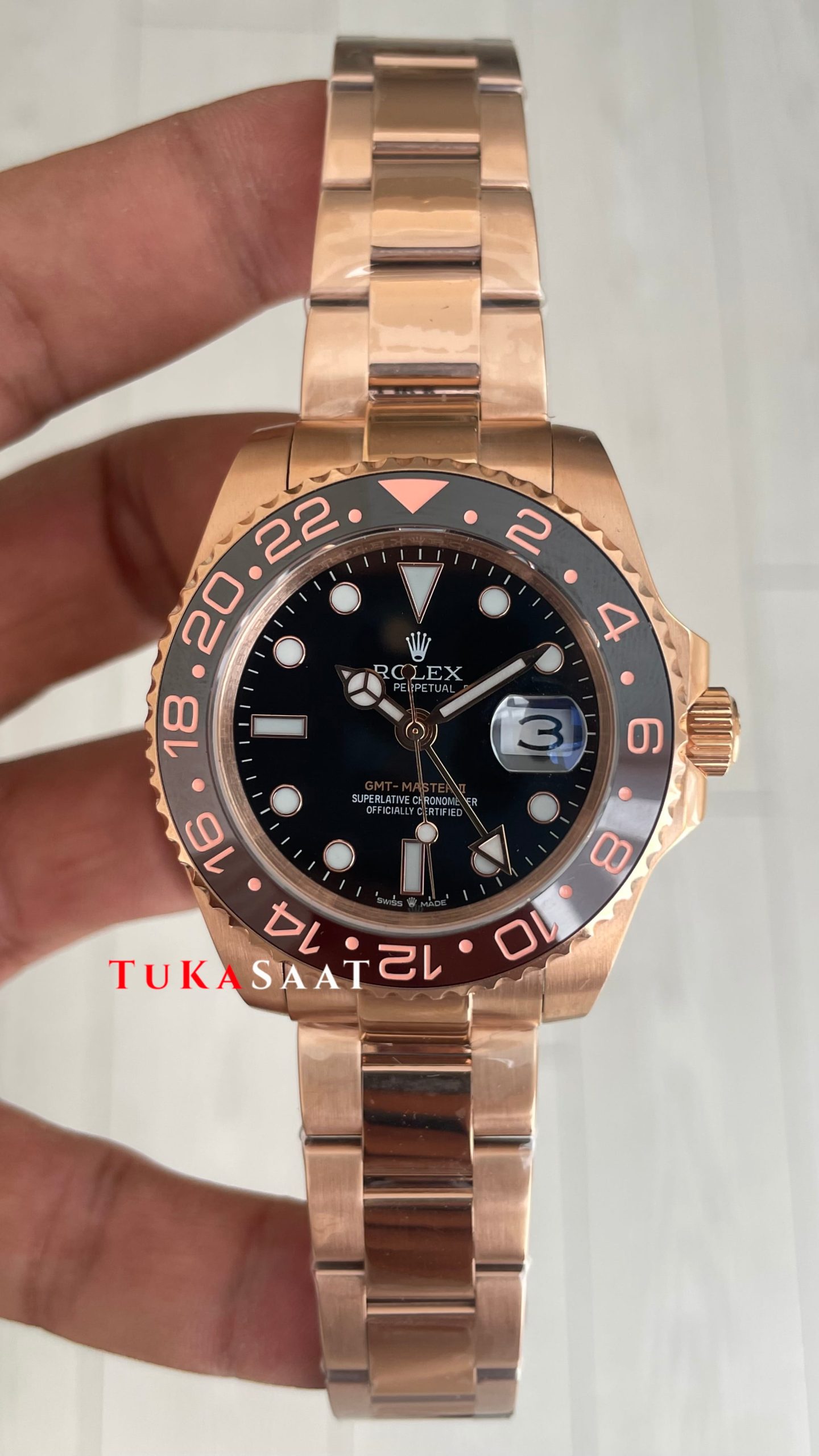 Rolex Root Beer Gmt Master II 126715CHNR Chocolate 40mm Rosegold Replika Saat Rolex Root Beer Gmt Master II 126715CHNR Chocolate 40mm Rosegold Replika Saat