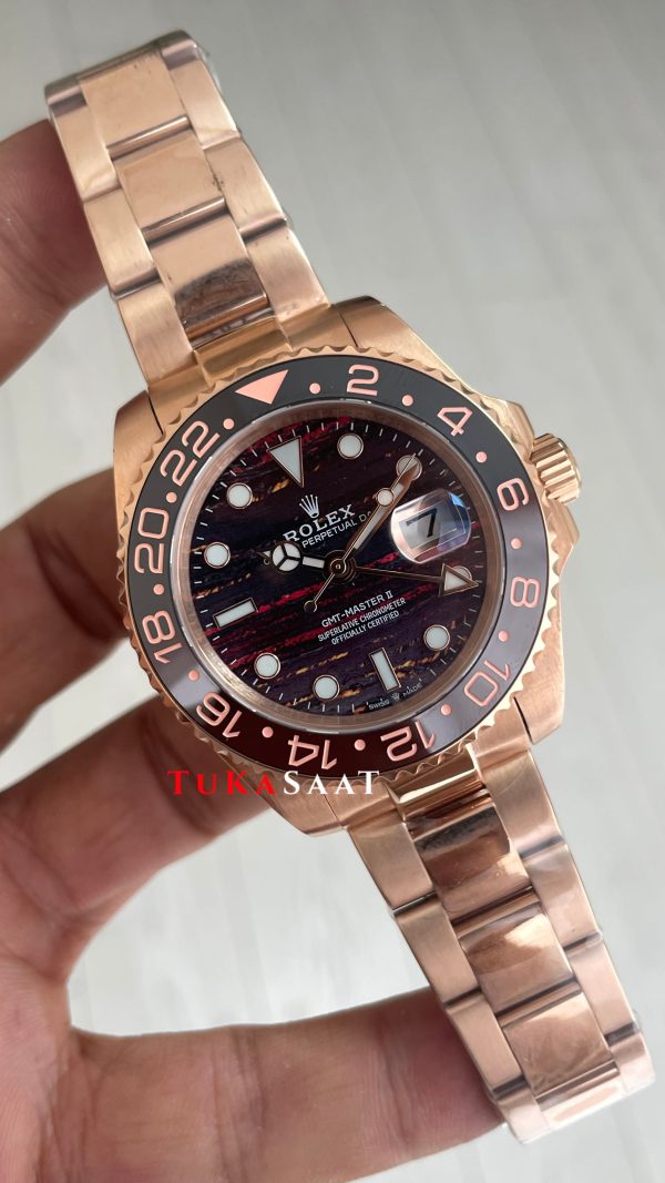 Rolex Tiger Iron Dial Chocolate 126715CHNR Gmt Master II Oyster 40mm Everosegold Replika Saat Rolex Tiger Iron Dial Chocolate 126715CHNR Gmt Master II Oyster 40mm Everosegold Replika Saat