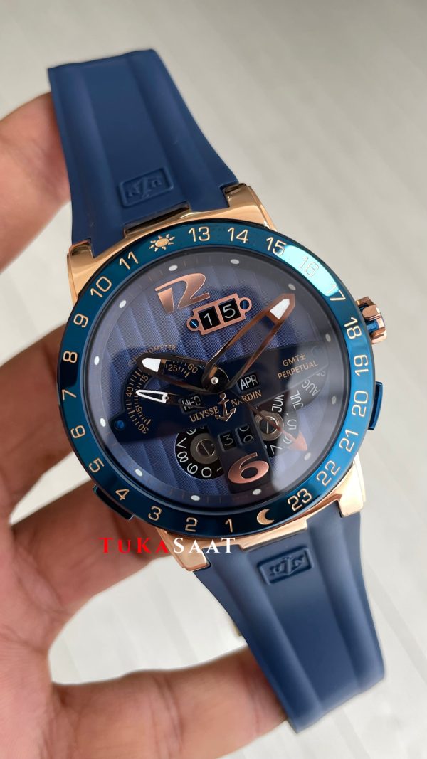 Ulysse Nardin El Toro GMT Perpetual Calendar Executive Mavi Kadran 43mm Rose Replika Saat