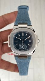 Patek Philippe Nautilus 5980 Denim Flyback Chronograph Mavi Kadran Silver Super Clone Swiss ETA Saat GR Factory