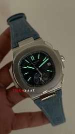 Patek Philippe Nautilus 5980 Denim Flyback Chronograph Mavi Kadran Silver Super Clone Swiss ETA Saat GR Factory