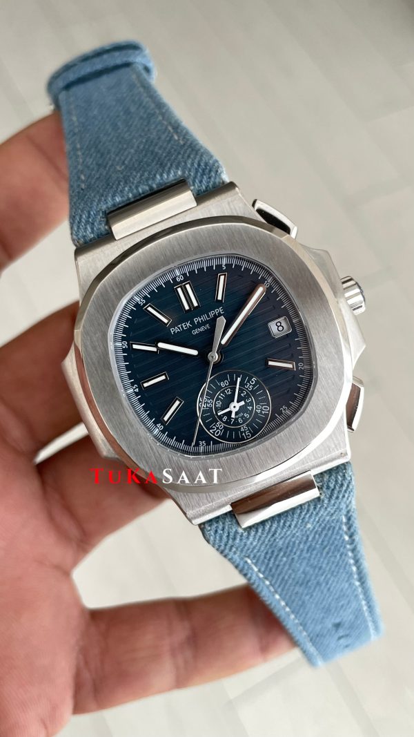 Patek Philippe Nautilus 5980 Denim Flyback Chronograph Mavi Kadran Silver Super Clone Swiss ETA Saat GR Factory Patek Philippe Nautilus 5980 Denim Flyback Chronograph Mavi Kadran Silver Super Clone Swiss ETA Saat GR Factory