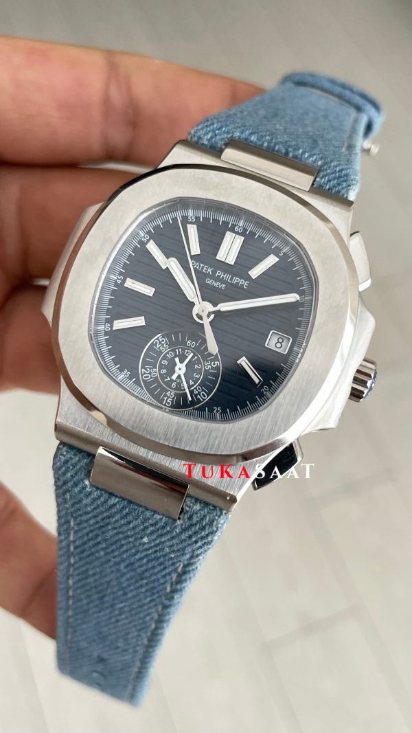 Patek Philippe Nautilus 5980 Denim Flyback Chronograph Mavi Kadran Silver Super Clone Swiss ETA Saat GR Factory Patek Philippe Nautilus 5980 Denim Flyback Chronograph Mavi Kadran Silver Super Clone Swiss ETA Saat GR Factory