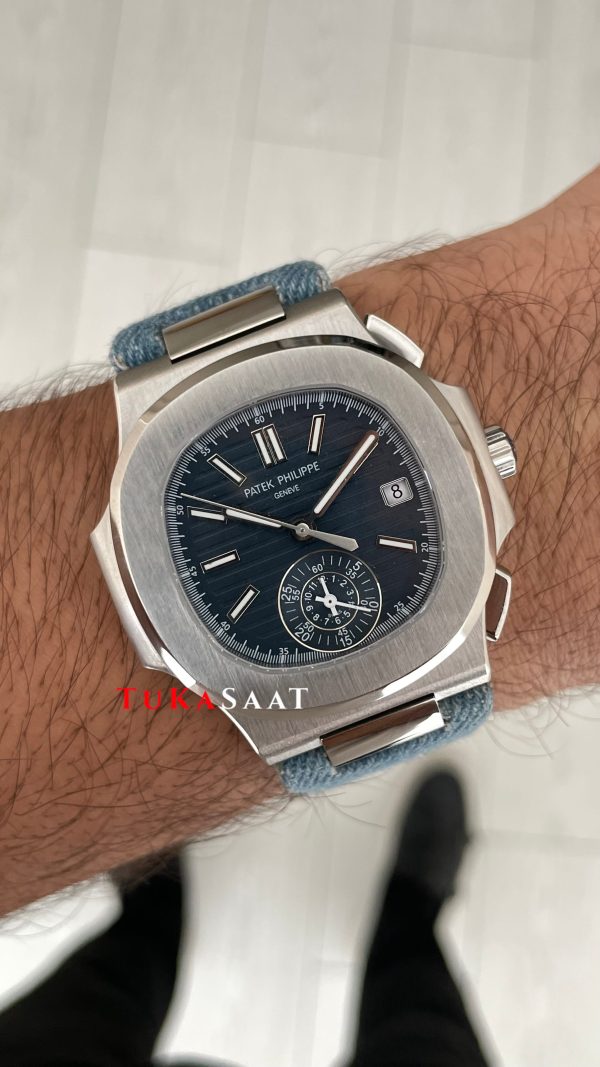 Patek Philippe Nautilus 5980 Denim Flyback Chronograph Mavi Kadran Silver Super Clone Swiss ETA Saat GR Factory Patek Philippe Nautilus 5980 Denim Flyback Chronograph Mavi Kadran Silver Super Clone Swiss ETA Saat GR Factory
