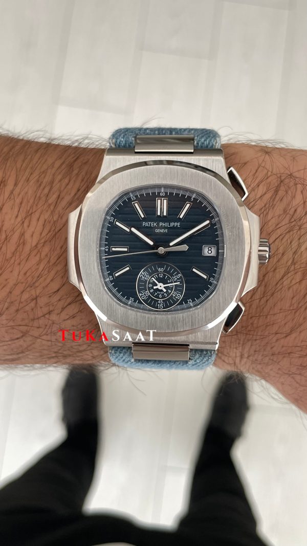 Patek Philippe Nautilus 5980 Denim Flyback Chronograph Mavi Kadran Silver Super Clone Swiss ETA Saat GR Factory Patek Philippe Nautilus 5980 Denim Flyback Chronograph Mavi Kadran Silver Super Clone Swiss ETA Saat GR Factory