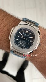 Patek Philippe Nautilus 5980 Denim Flyback Chronograph Mavi Kadran Silver Super Clone Swiss ETA Saat GR Factory