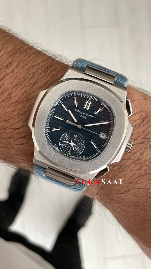 Patek Philippe Nautilus 5980 Denim Flyback Chronograph Mavi Kadran Silver Super Clone Swiss ETA Saat GR Factory Patek Philippe Nautilus 5980 Denim Flyback Chronograph Mavi Kadran Silver Super Clone Swiss ETA Saat GR Factory