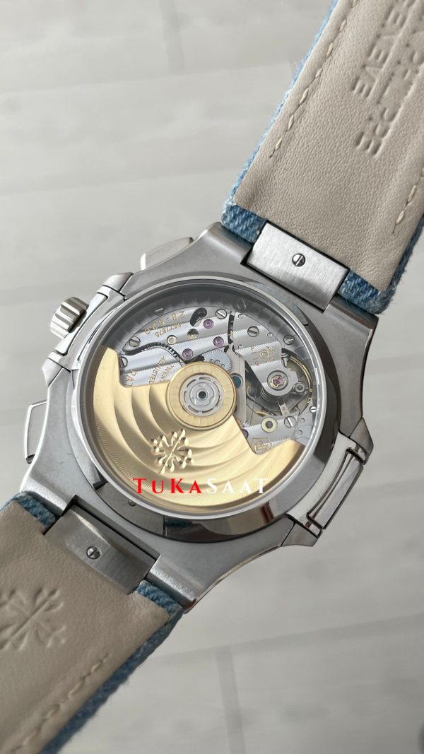 Patek Philippe Nautilus 5980 Denim Flyback Chronograph Mavi Kadran Silver Super Clone Swiss ETA Saat GR Factory Patek Philippe Nautilus 5980 Denim Flyback Chronograph Mavi Kadran Silver Super Clone Swiss ETA Saat GR Factory