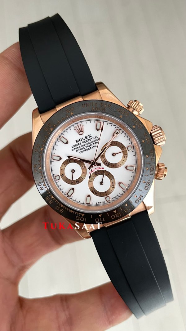 Rolex Daytona Ivory 116515LN Rose Beyaz Kadran Oysterflex 40mm Replika Saat