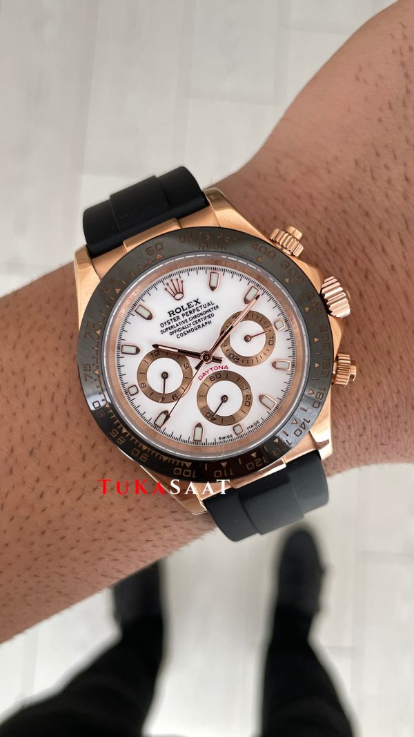 Rolex Daytona Ivory 116515LN Rose Beyaz Kadran Oysterflex 40mm Replika Saat