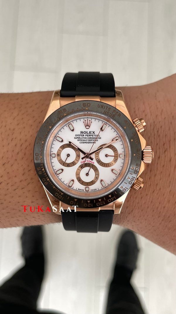 Rolex Daytona Ivory 116515LN Rose Beyaz Kadran Oysterflex 40mm Replika Saat