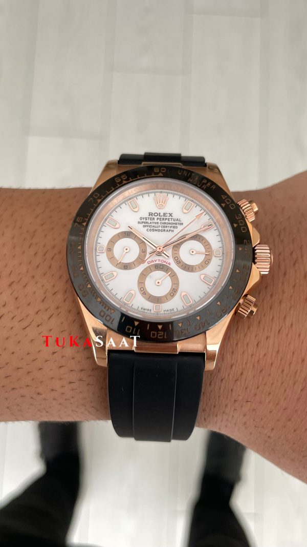Rolex Daytona Ivory 116515LN Rose Beyaz Kadran Oysterflex 40mm Replika Saat