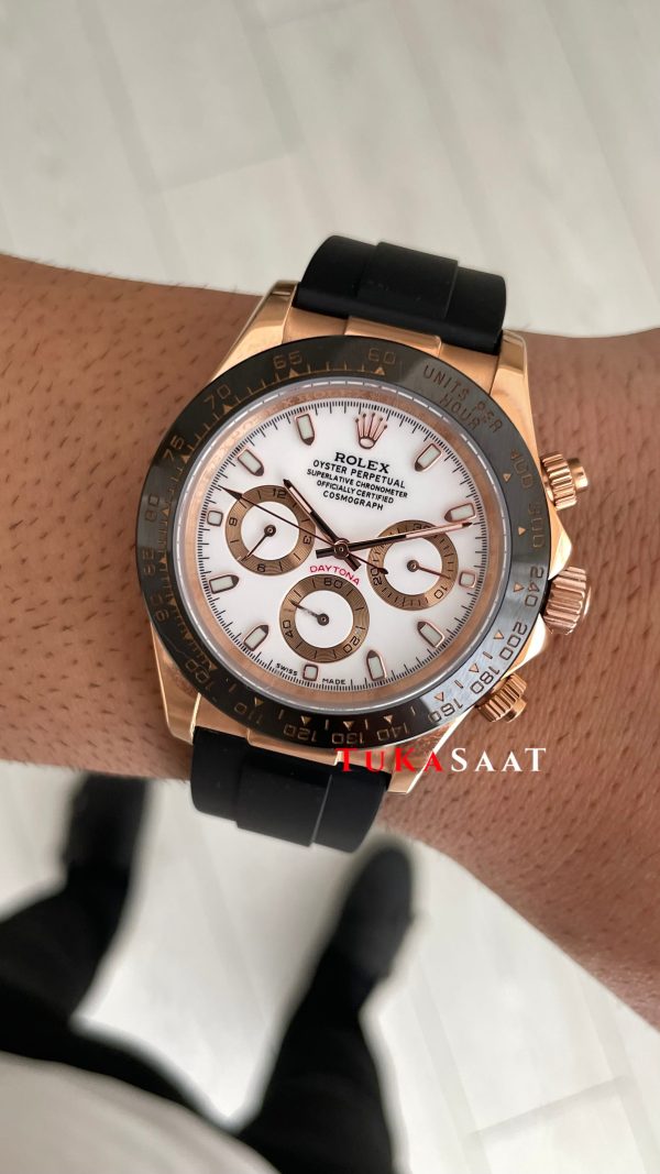 Rolex Daytona Ivory 116515LN Rose Beyaz Kadran Oysterflex 40mm Replika Saat