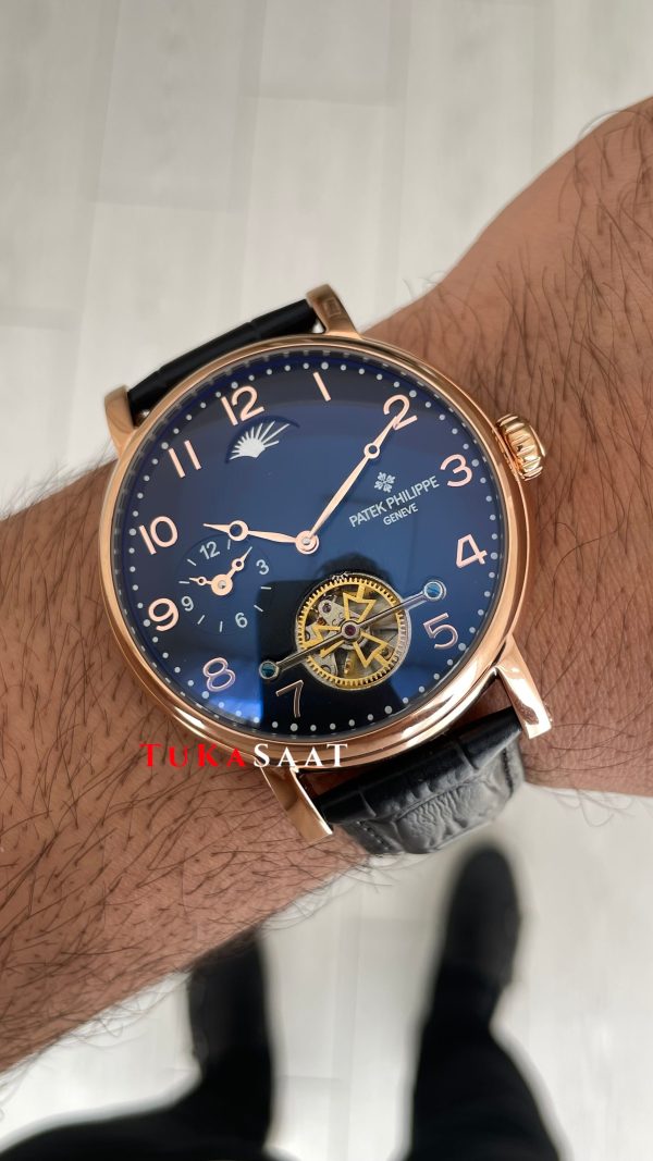 Patek Philippe Geneve Tourbillon Moonphase Rose Siyah Kadran 42 mm Replika Saat