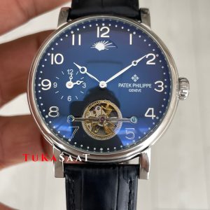 Patek Philippe Geneve Tourbillon Moonphase Silver Siyah Kadran 42 mm Replika Saat