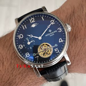 Patek Philippe Geneve Tourbillon Moonphase Silver Siyah Kadran 42 mm Replika Saat