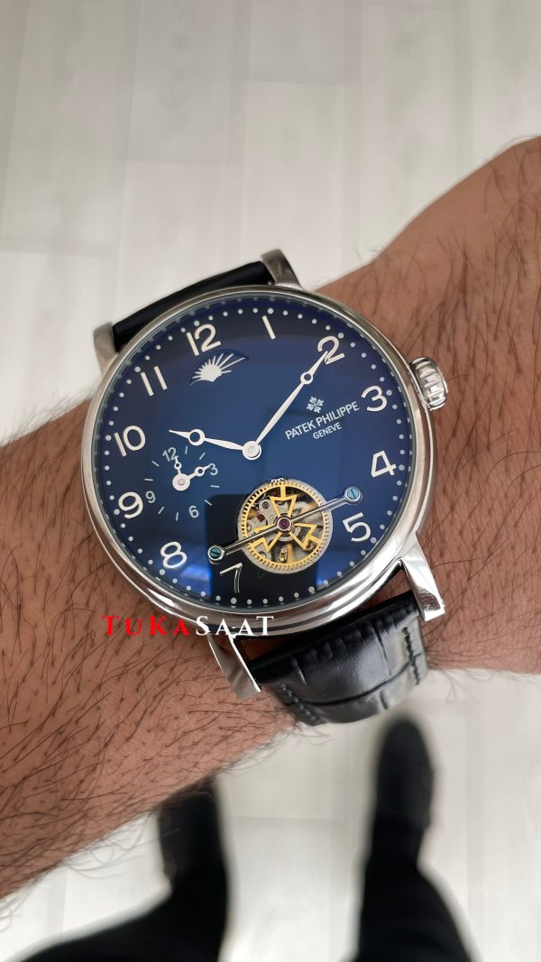 Patek Philippe Geneve Tourbillon Moonphase Silver Siyah Kadran 42 mm Replika Saat