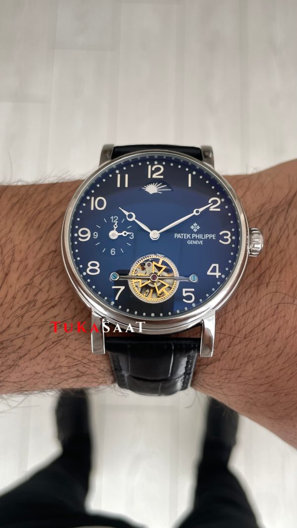 Patek Philippe Geneve Tourbillon Moonphase Silver Siyah Kadran 42 mm Replika Saat