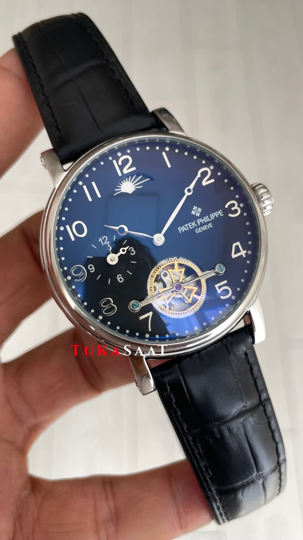 Patek Philippe Geneve Tourbillon Moonphase Silver Siyah Kadran 42 mm Replika Saat