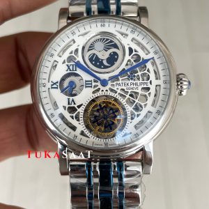 Patek Philippe Geneve Tourbillon Moonphase Skeleton Silver Blue 42 mm İskelet Replika Saat