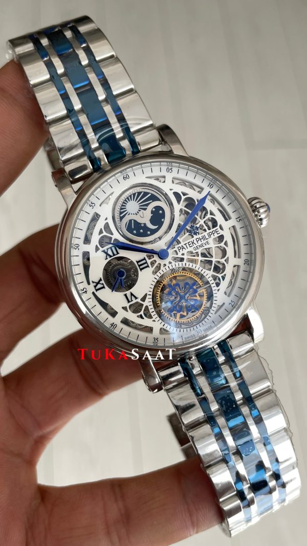 Patek Philippe Geneve Tourbillon Moonphase Skeleton Silver Blue 42 mm İskelet Replika Saat