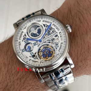 Patek Philippe Geneve Tourbillon Moonphase Skeleton Silver Blue 42 mm İskelet Replika Saat