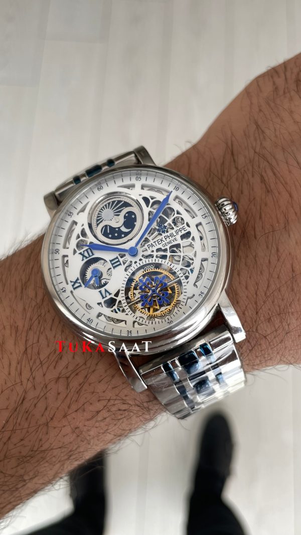 Patek Philippe Geneve Tourbillon Moonphase Skeleton Silver Blue 42 mm İskelet Replika Saat