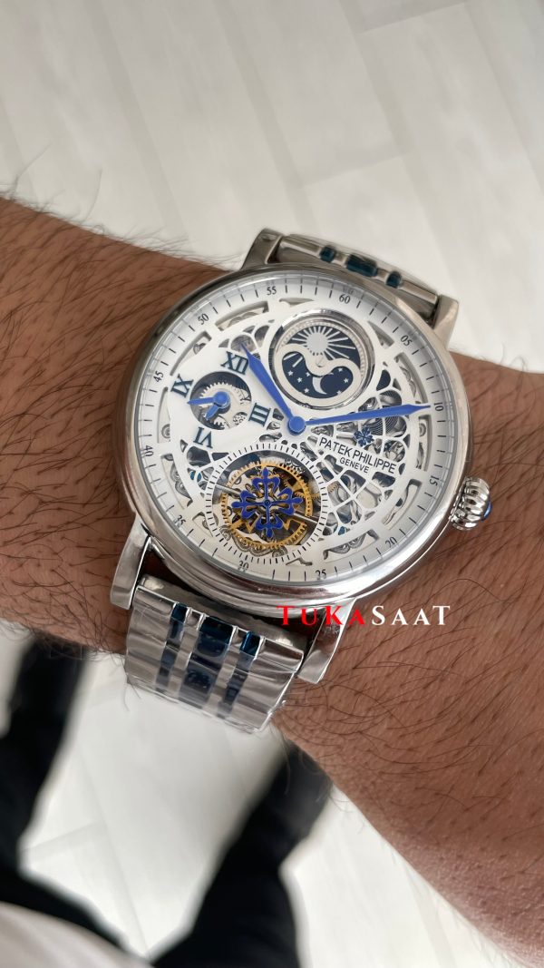 Patek Philippe Geneve Tourbillon Moonphase Skeleton Silver Blue 42 mm İskelet Replika Saat