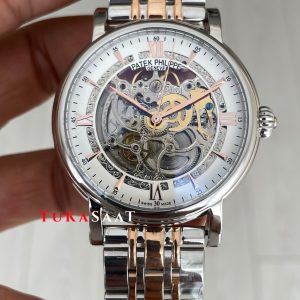 Patek Philippe Geneve Tourbillon Skeleton Silver Rose 42 mm İskelet Replika Saat