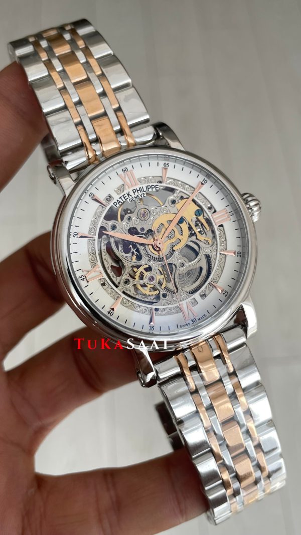 Patek Philippe Geneve Tourbillon Skeleton Silver Rose 42 mm İskelet Replika Saat