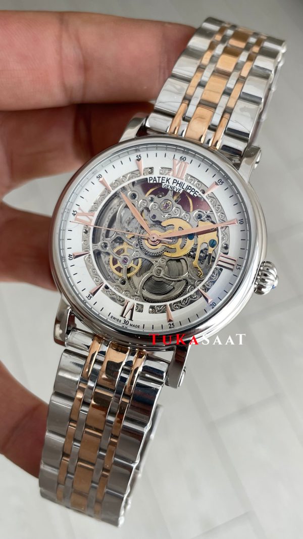 Patek Philippe Geneve Tourbillon Skeleton Silver Rose 42 mm İskelet Replika Saat