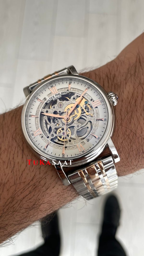 Patek Philippe Geneve Tourbillon Skeleton Silver Rose 42 mm İskelet Replika Saat