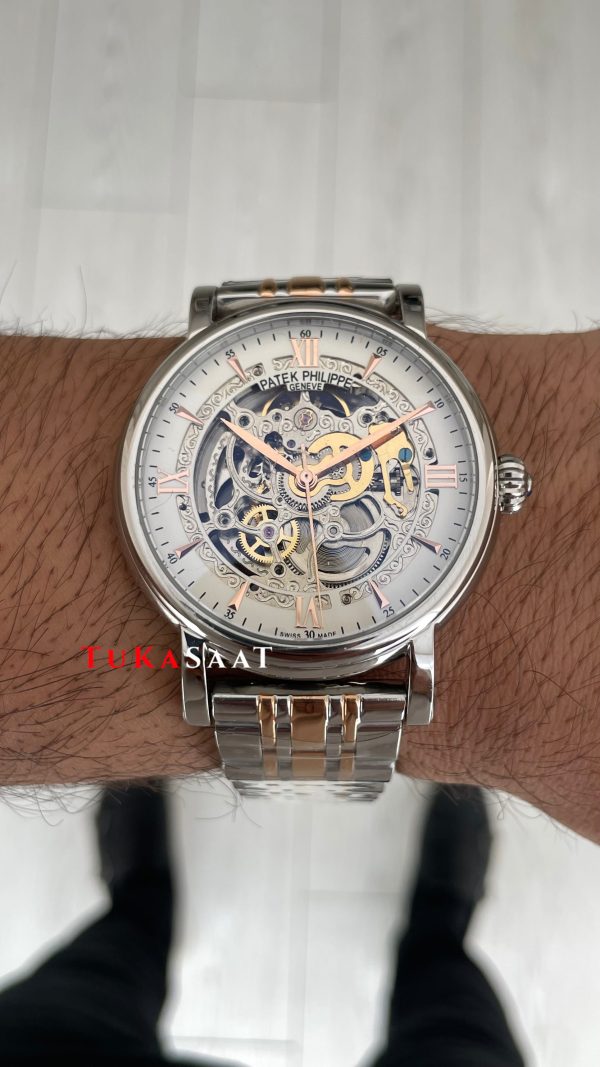 Patek Philippe Geneve Tourbillon Skeleton Silver Rose 42 mm İskelet Replika Saat