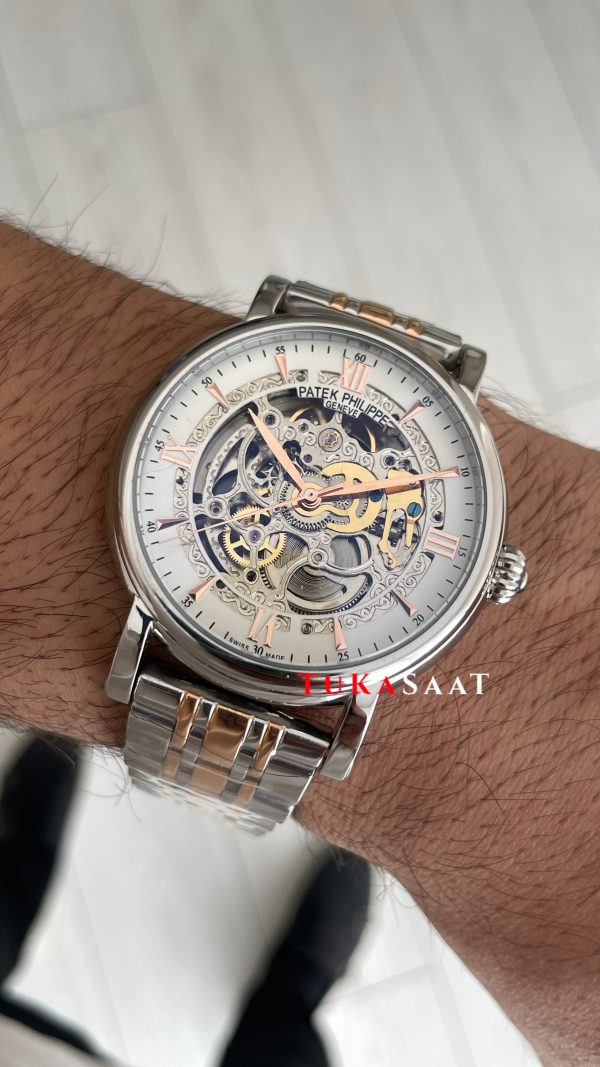 Patek Philippe Geneve Tourbillon Skeleton Silver Rose 42 mm İskelet Replika Saat