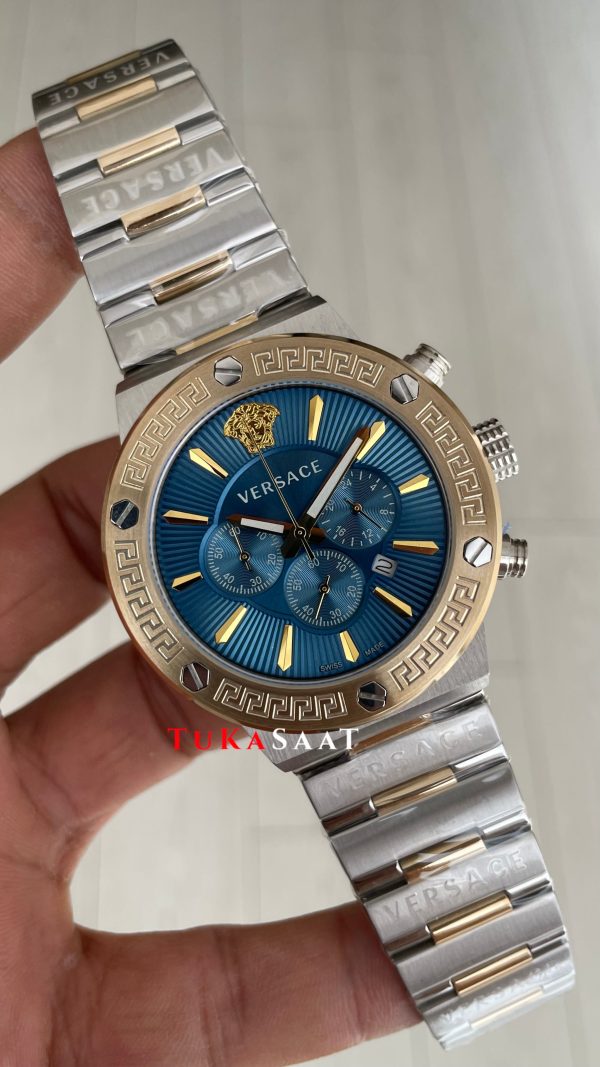 Versace Greca Chronograph Mavi Kadran 43mm Two Tone Gold Replika Saat