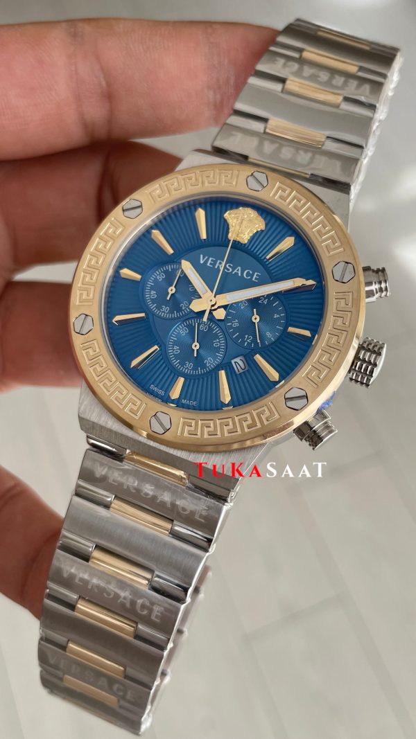 Versace Greca Chronograph Mavi Kadran 43mm Two Tone Gold Replika Saat