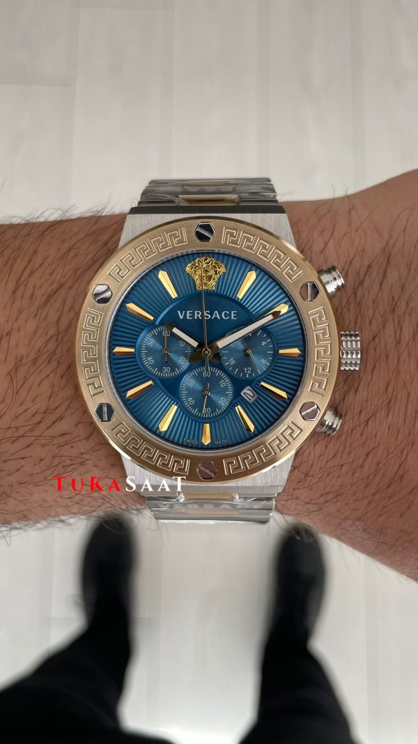 Versace Greca Chronograph Mavi Kadran 43mm Two Tone Gold Replika Saat